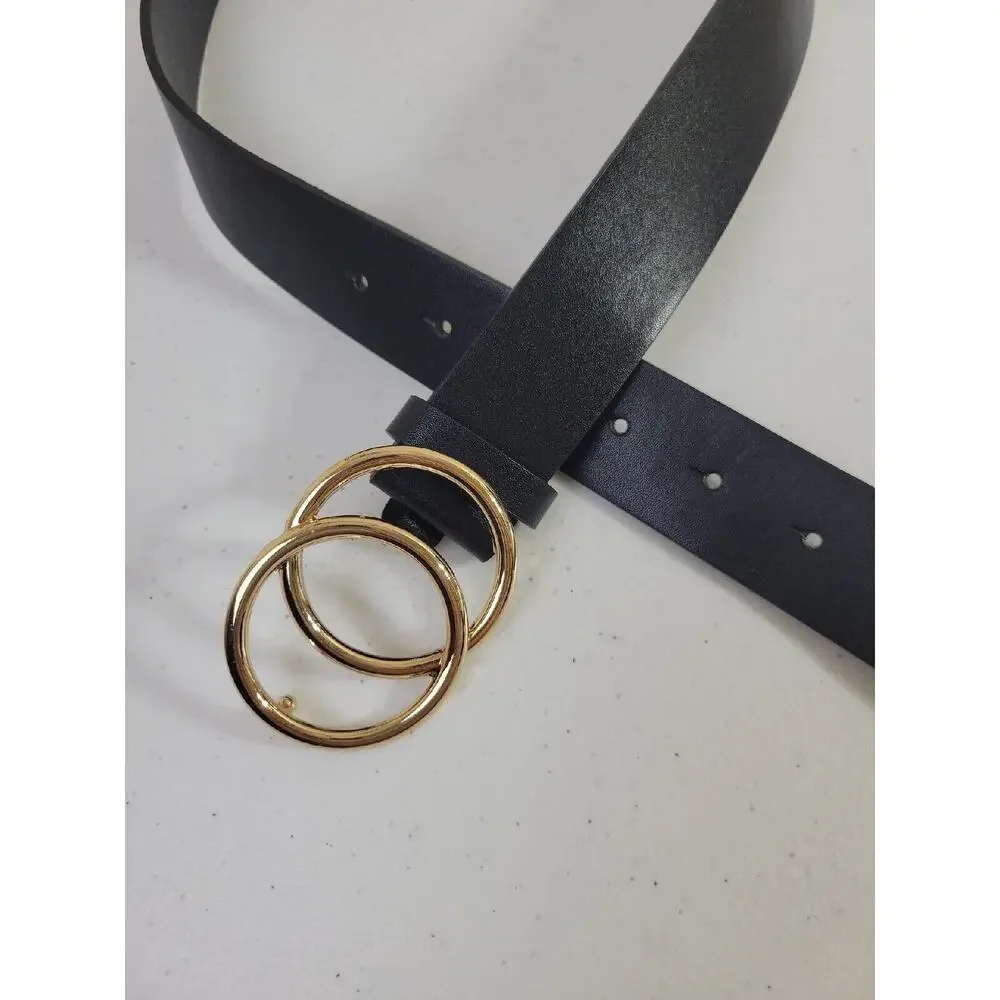 Belt Double-O Ring Buckle Women's Black Classic Adjustable Casual Dress Size 45